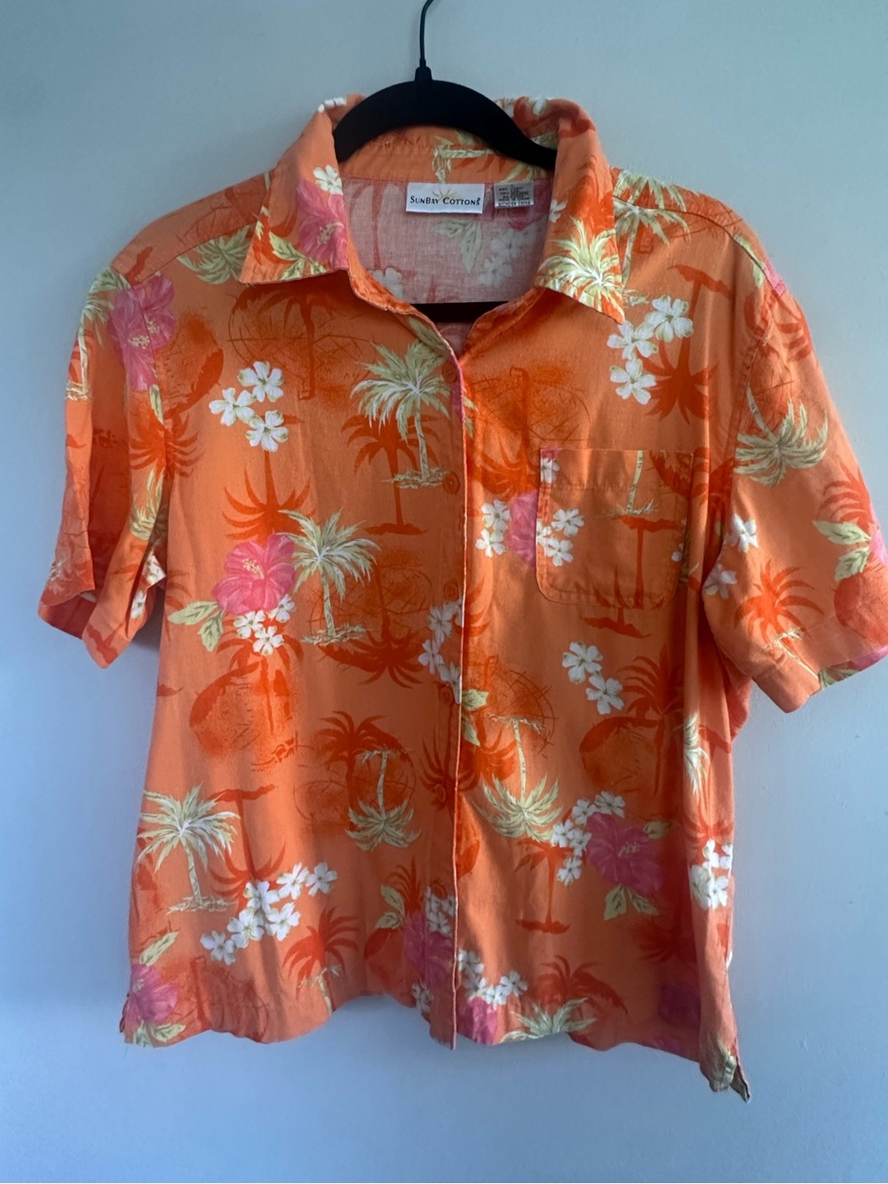 SunBay Cottons Hawaiian Linen Blend Button Front Shirt Orange Tropical Floral
